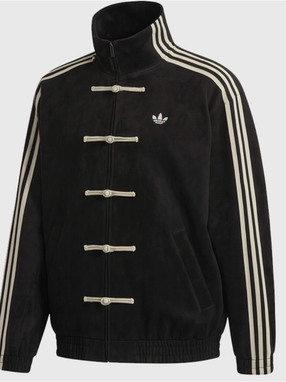 adidas Black Track Jacket with Cream Stripes and Button Details